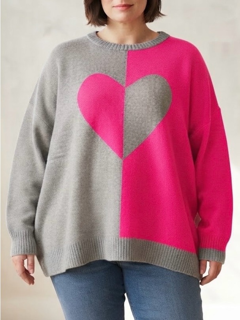 Belle by Kim Gravel Queen of Hearts Color Block Sweater Gray Hot Pink Plus Sz 2X